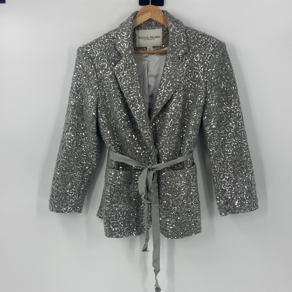 Boston Proper grey silver sequin jacket with ribbon belt